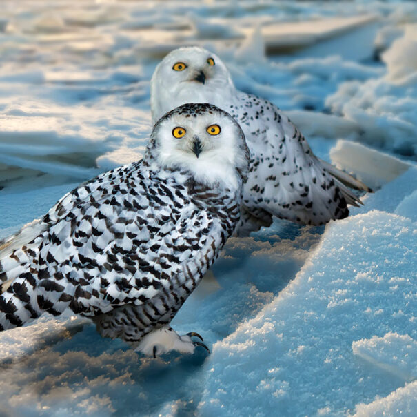 Two snowy owls sitting on snow looking at camera